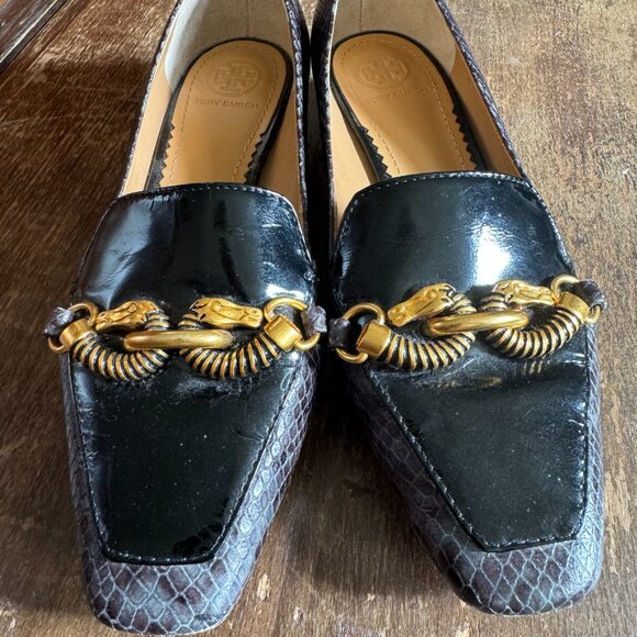 TORY BURCH Jessa black & grey leather buckle horse head block heel loafer 6M - Picture 2 of 12